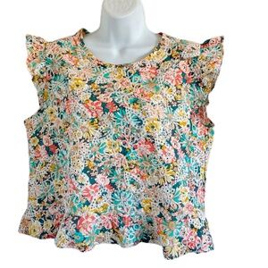 Luna Moon Embroidered Floral Crop Top Yellow Teal Coral Size Large